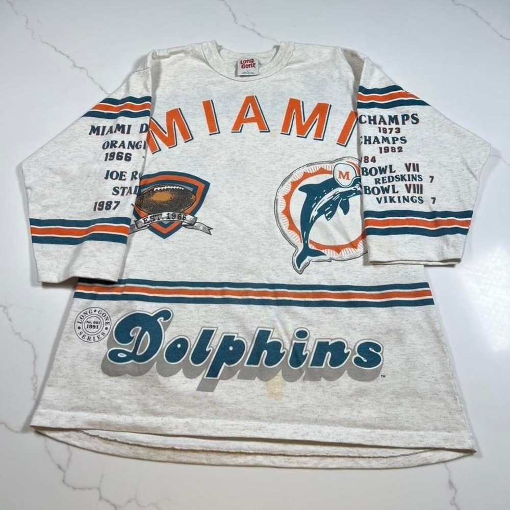 Long Gone Miami Dolphins T-Shirt Mens Vintage 1991 All Over Print Grey Large